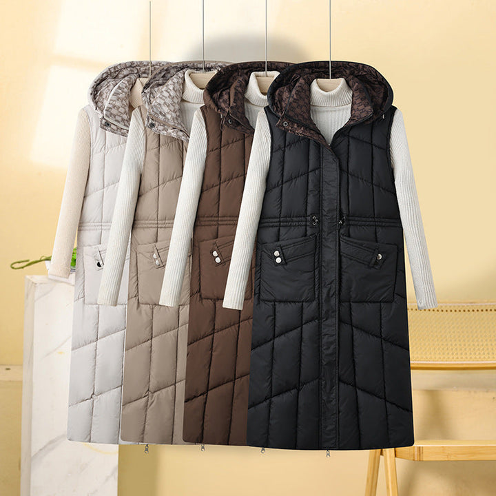 Women’s long sleeveless quilted thermal coat with hood and multifunctional pockets