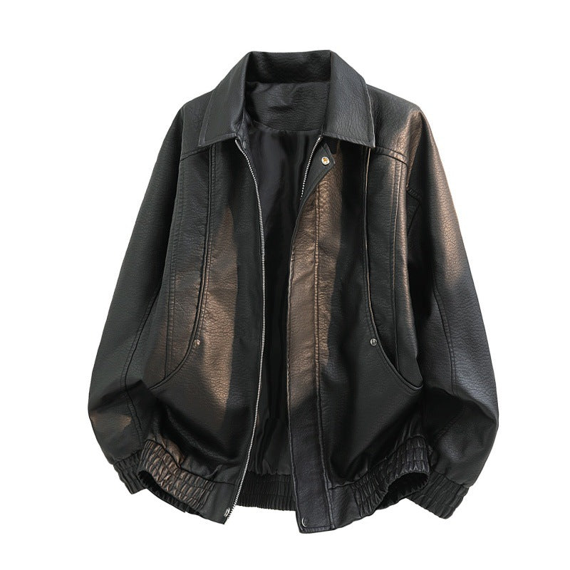 Men’s oversized faux leather field jacket with concealed zipper and pockets