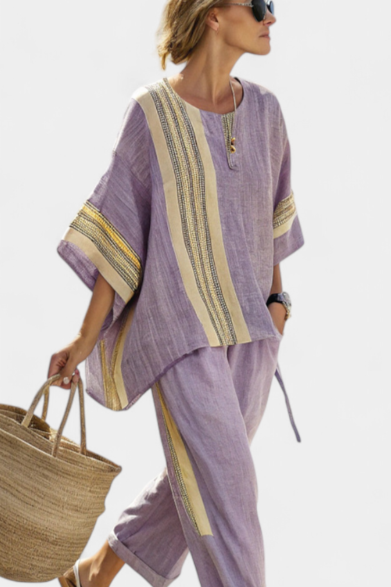 Daniela - top elegant lavender and mustard yellow striped trousers