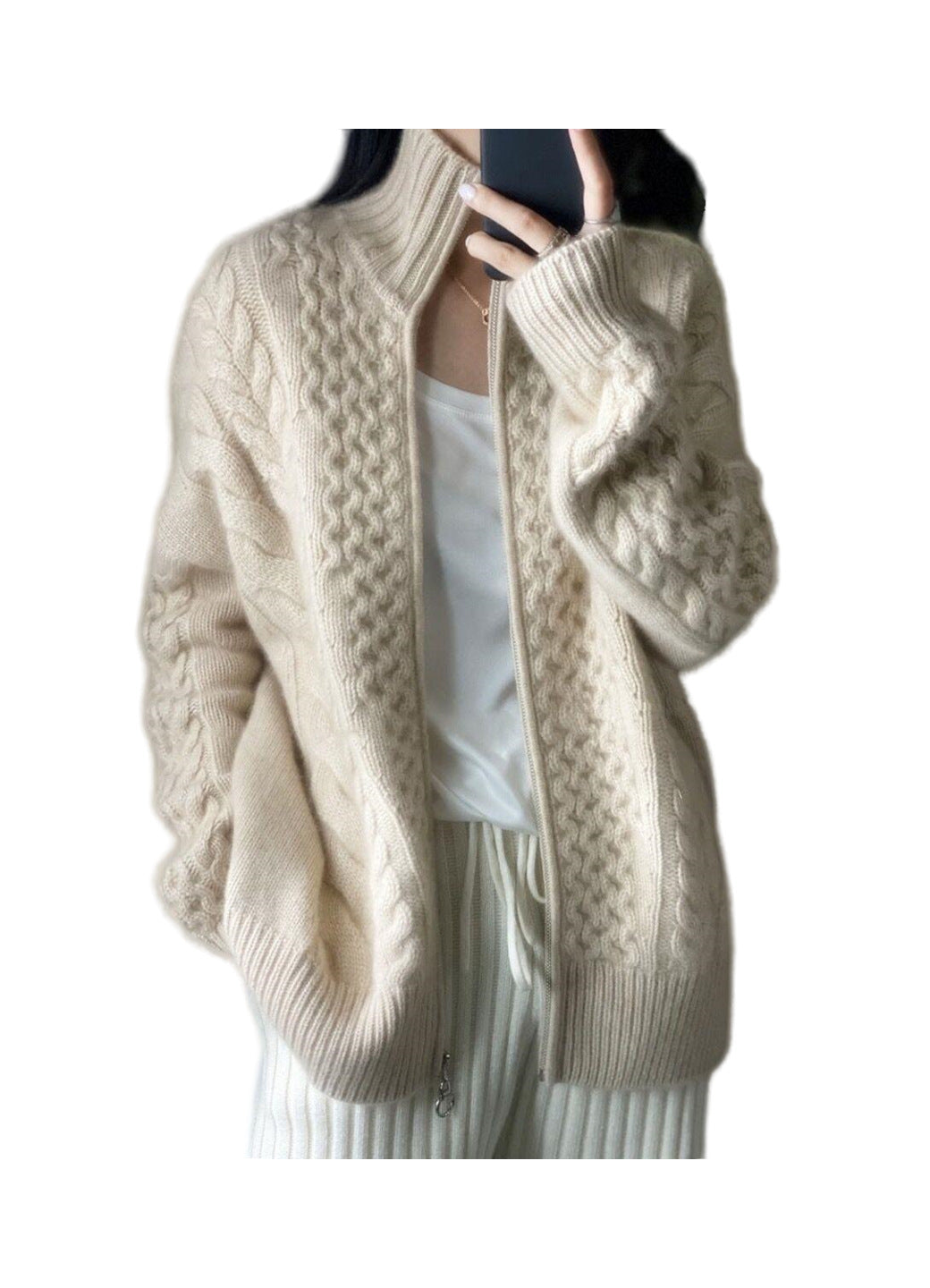 Women's oversized long pullover with stand-up collar