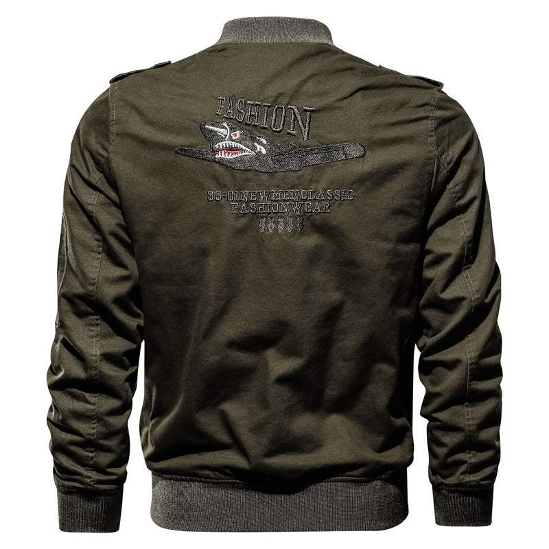 Men's Long-Sleeve Bomber Jacket with Buttons and Pockets