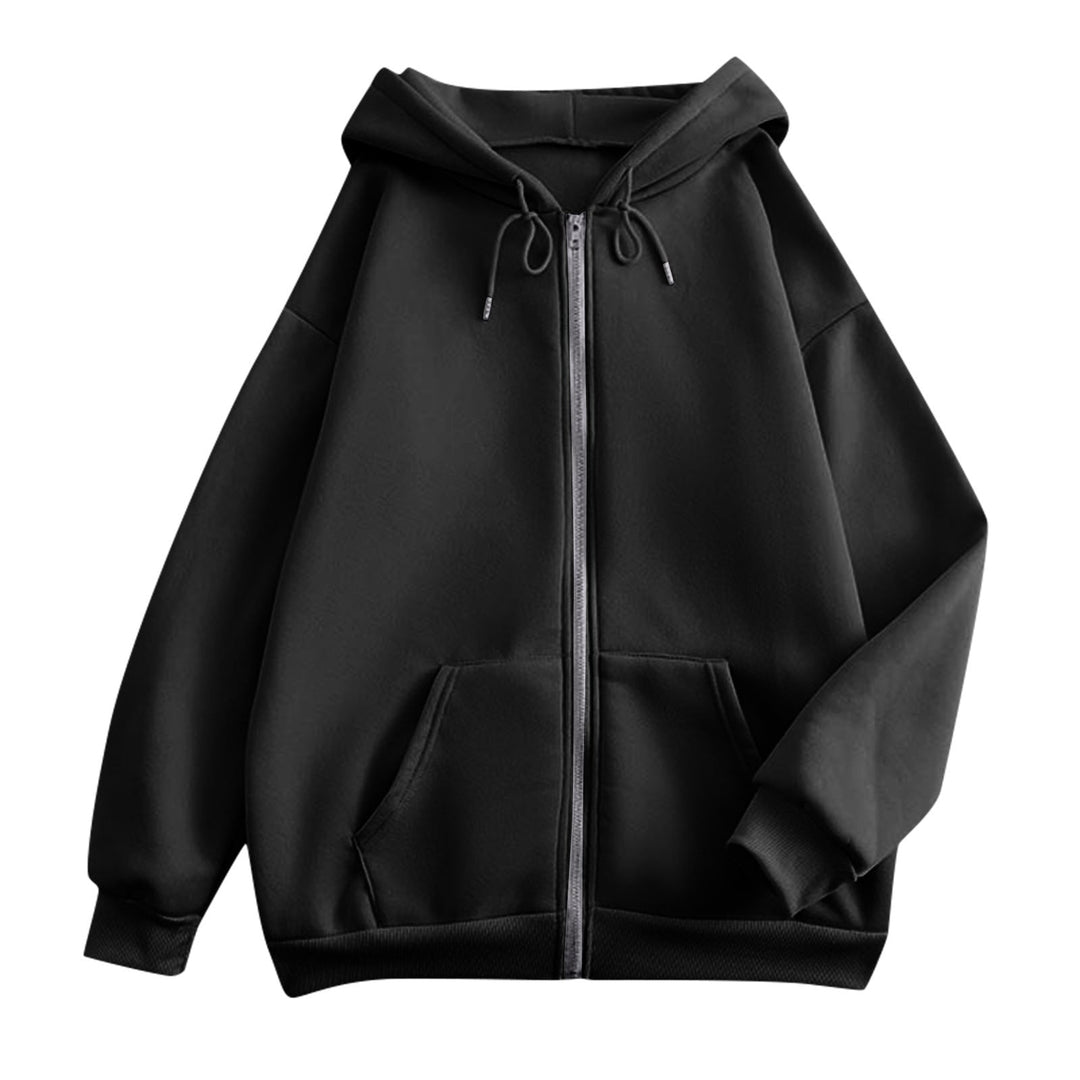 Women's oversized hooded jacket with zipper, kangaroo pockets, and ribbed cuffs