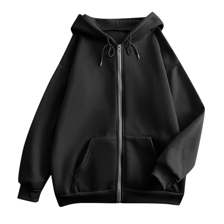 Women's oversized hooded jacket with zipper, kangaroo pockets, and ribbed cuffs