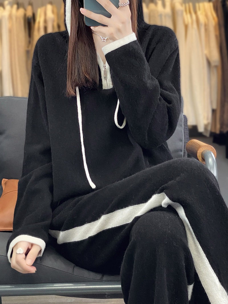 Women's two-piece set with a hood, wide-leg pants, and pockets
