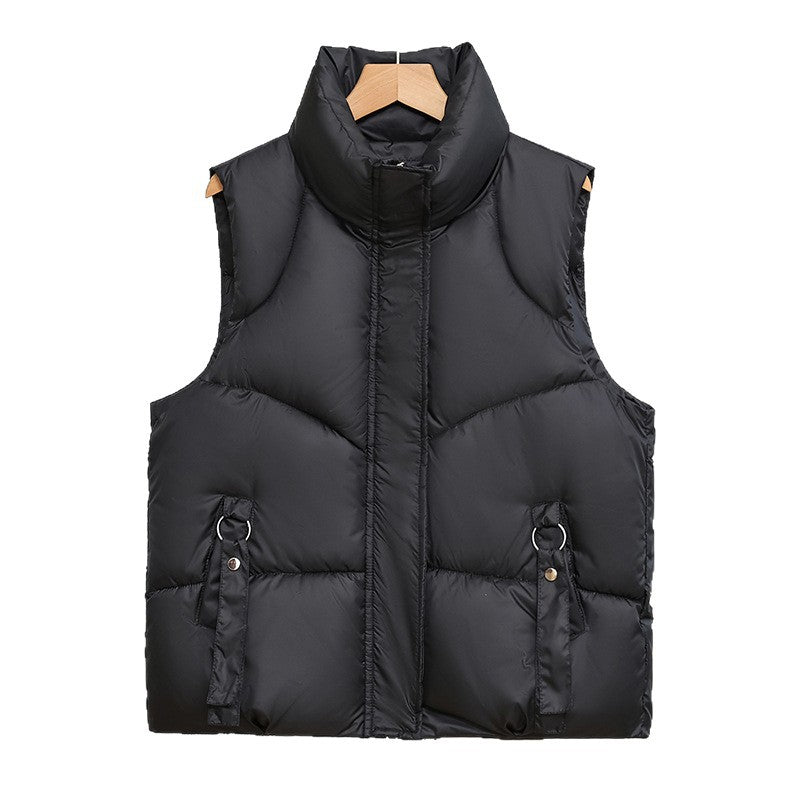 Women's padded quilted vest with a high stand-up collar and decorative ring loops