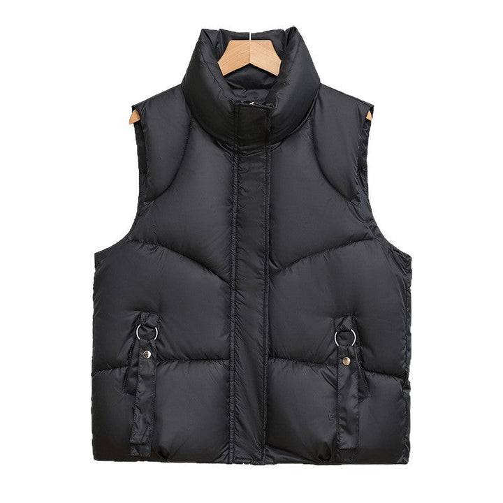 Women's padded quilted vest with a high stand-up collar and decorative ring loops