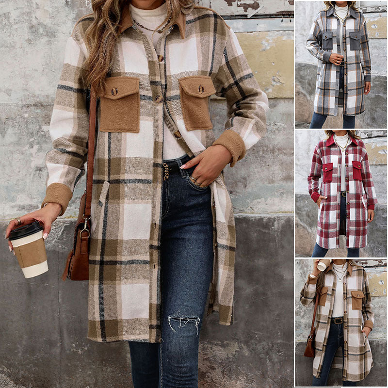 Women's shirt jacket with a checked pattern, pockets, buttons, and long sleeves