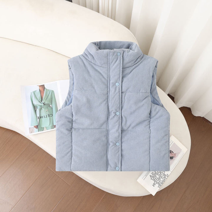 Women's short insulated vest with a high stand-up collar and snap-button placket
