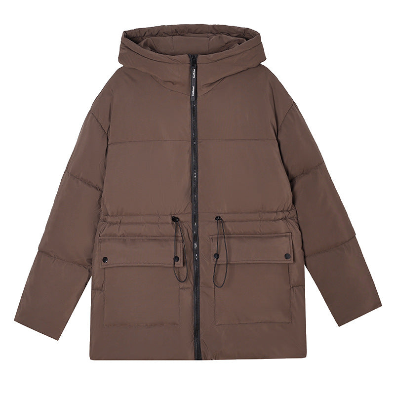 Women’s mid-length thermal parka with a waist-cinching drawstring and hood