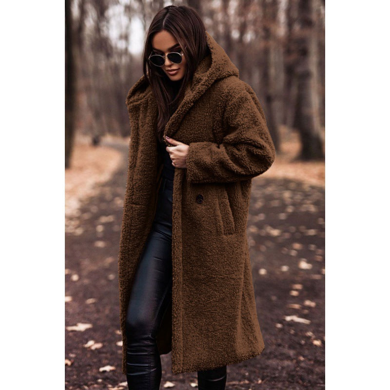 Women’s fluffy teddy coat with hood and buttons