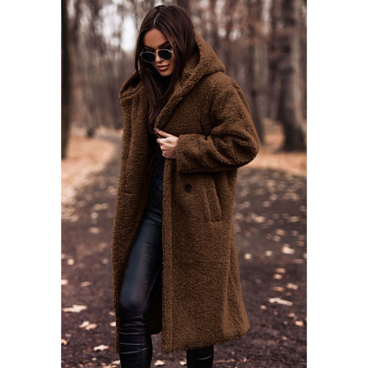 Women’s fluffy teddy coat with hood and buttons