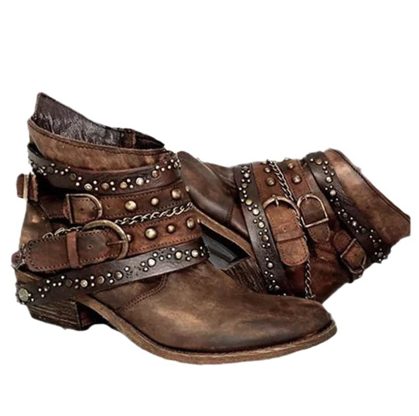 Women's western ankle boots with buckle straps and chains