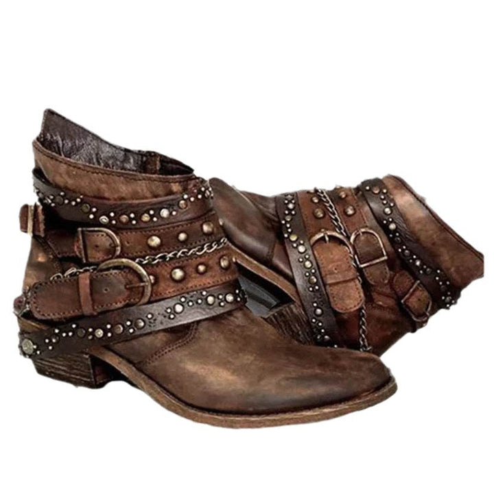 Women's western ankle boots with buckle straps and chains