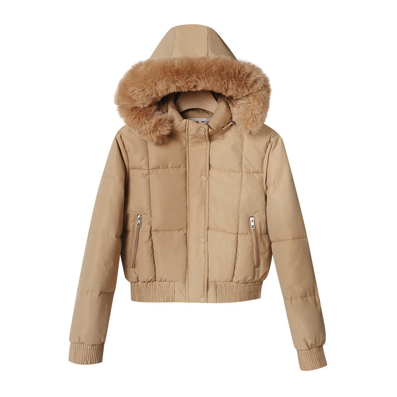 Women’s short insulated hooded blouson jacket with a fur-trimmed collar and elastic ribbed hem