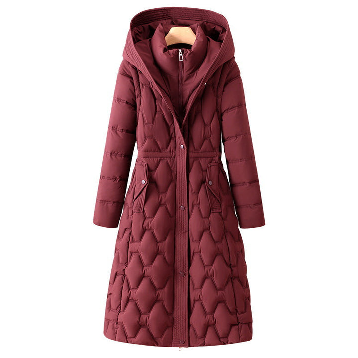 Women’s long quilted winter coat with a hood and fitted silhouette
