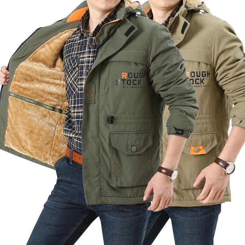 Men's long-sleeved jacket with a hood, buttons, and pockets
