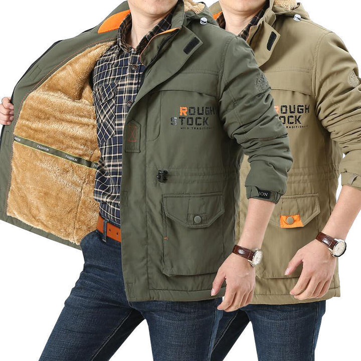 Men's long-sleeved jacket with a hood, buttons, and pockets