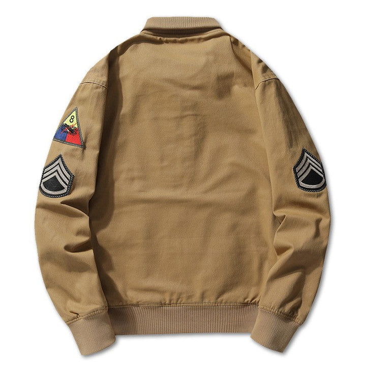 Men’s military-style bomber jacket with patches and a concealed zipper