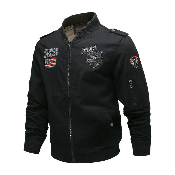 Men's Long-Sleeve Bomber Jacket with Buttons and Pockets
