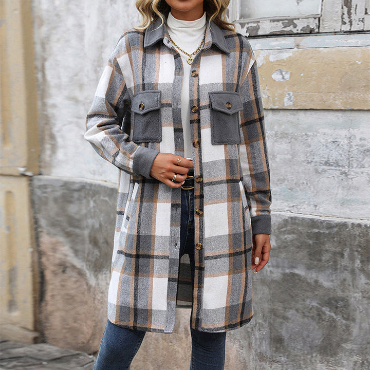 Women's shirt jacket with a checked pattern, pockets, buttons, and long sleeves