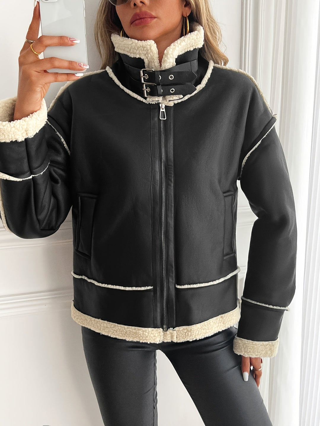 Women's faux leather jacket with teddy lining and zipper