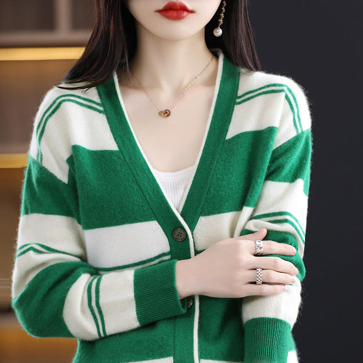Women's midi cardigan with block stripes, V-neck, and long sleeves