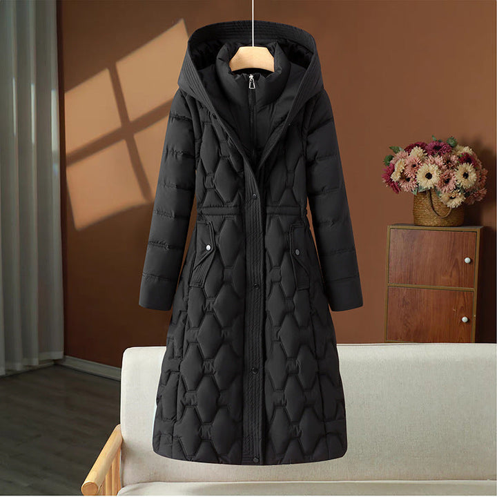 Women’s long quilted winter coat with a hood and fitted silhouette