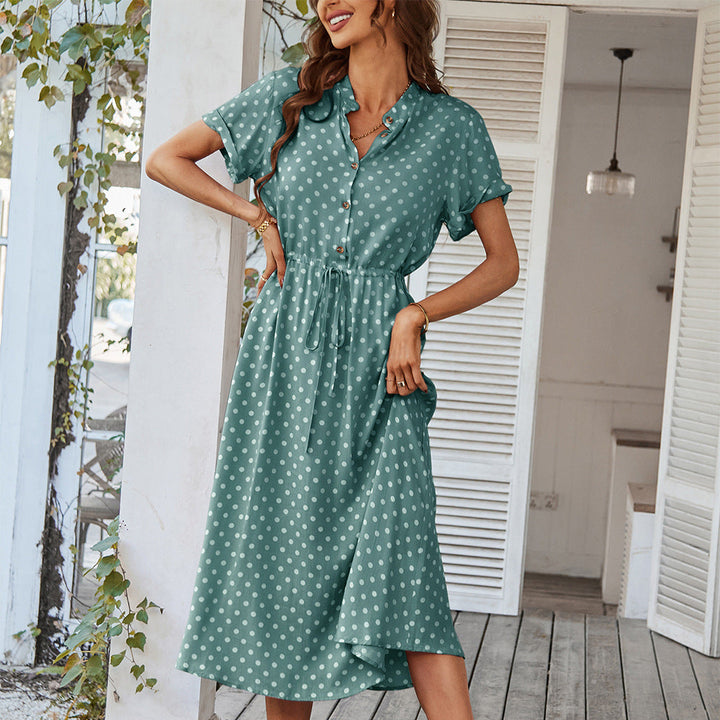 Damen Midi-Kleid mit Punkten, Knöpfen und Bindegürtel