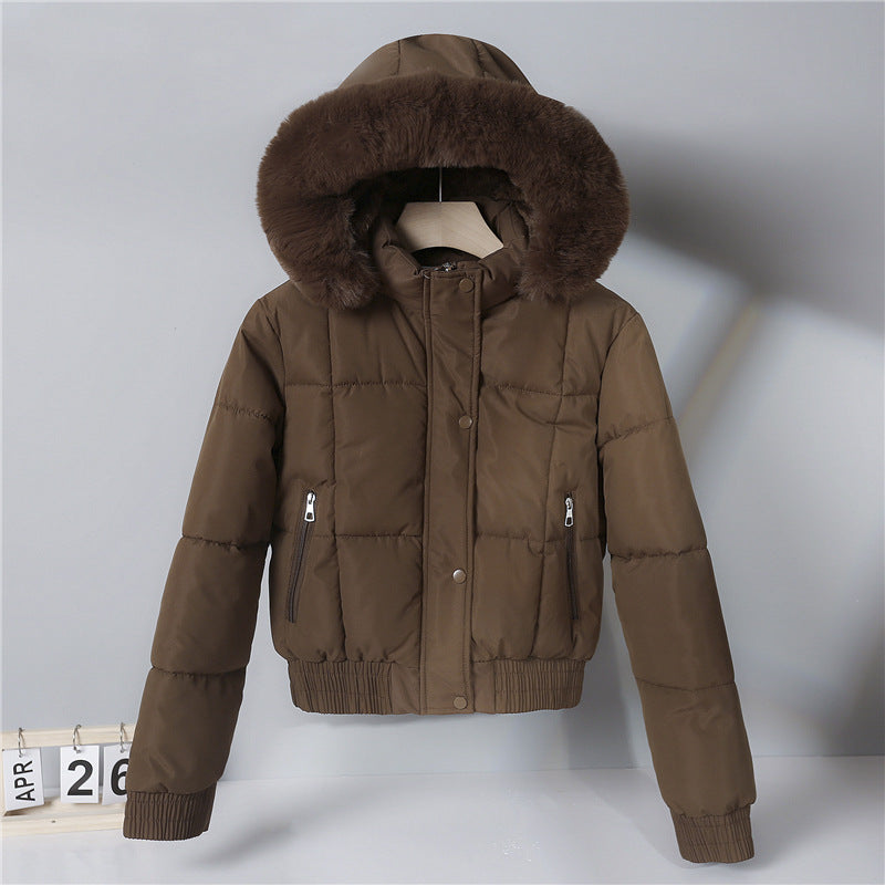 Women’s short insulated hooded blouson jacket with a fur-trimmed collar and elastic ribbed hem