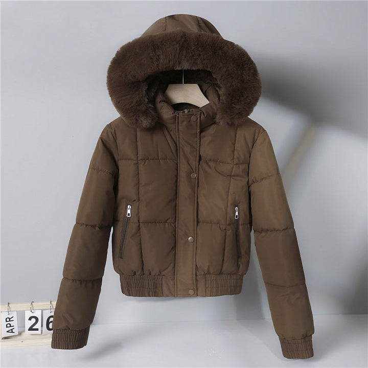 Women’s short insulated hooded blouson jacket with a fur-trimmed collar and elastic ribbed hem