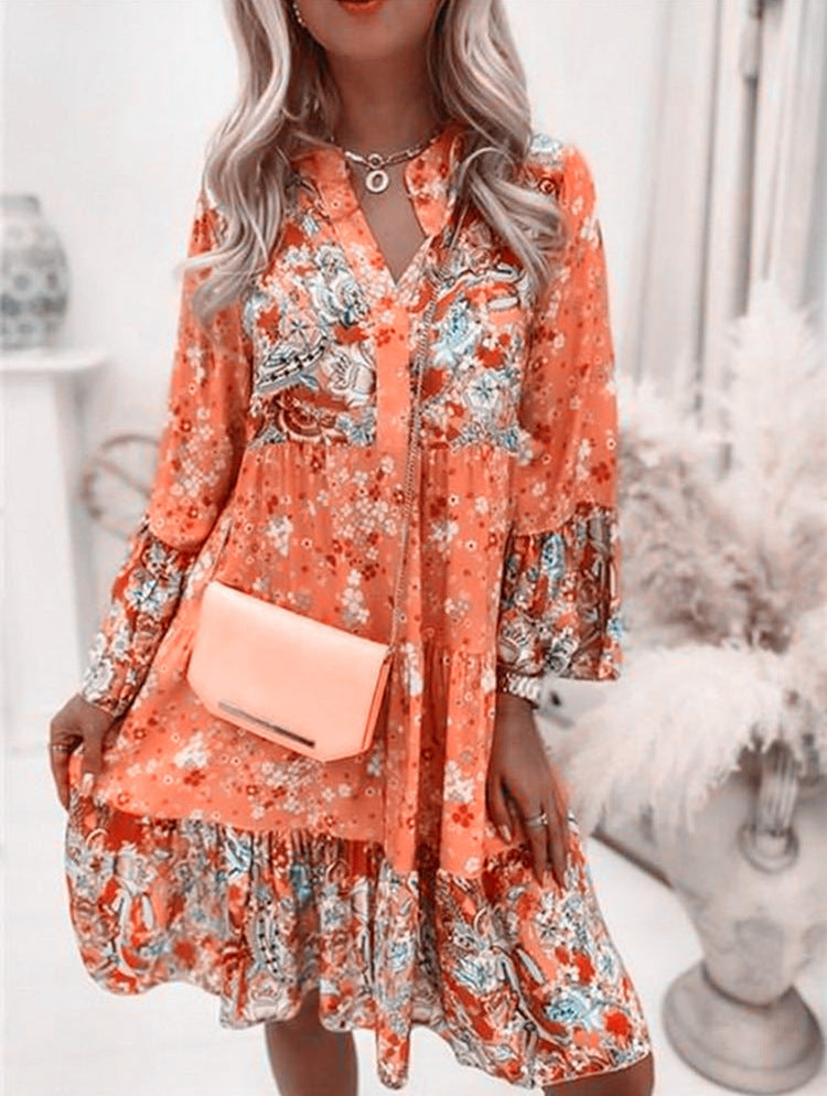 V-neck Floral A-line Dress with 3/4 Sleeves, Thigh Length
