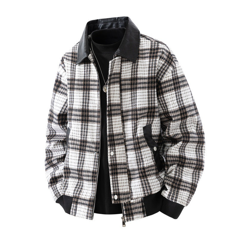 Men’s plaid overshirt jacket with a faux leather collar and lined interior
