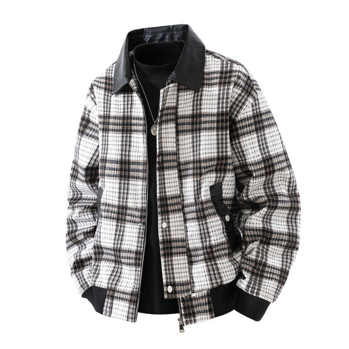 Men’s plaid overshirt jacket with a faux leather collar and lined interior