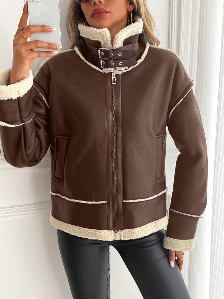 Women's faux leather jacket with teddy lining and zipper