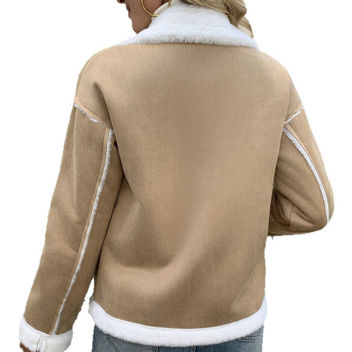 Women's teddy fleece jacket with a notched collar and practical pockets