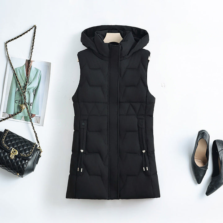 Women's sleeveless quilted long vest with a hood and adjustable drawstrings at the waist