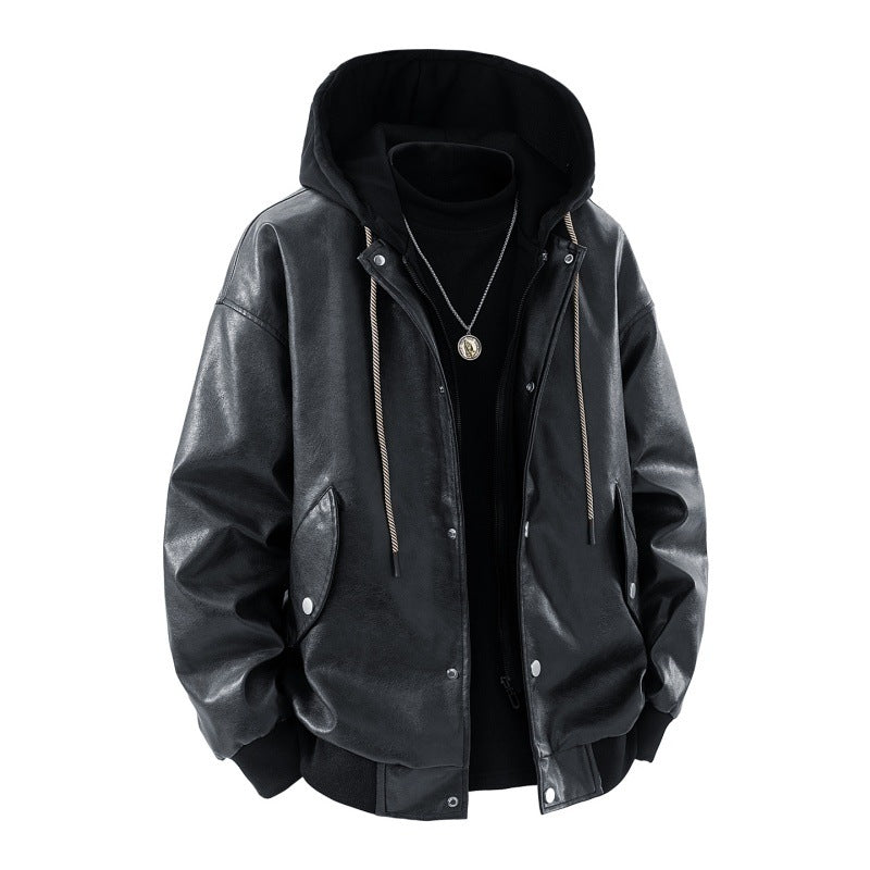 Men’s oversized bomber jacket with hood, snap-button placket, and pockets