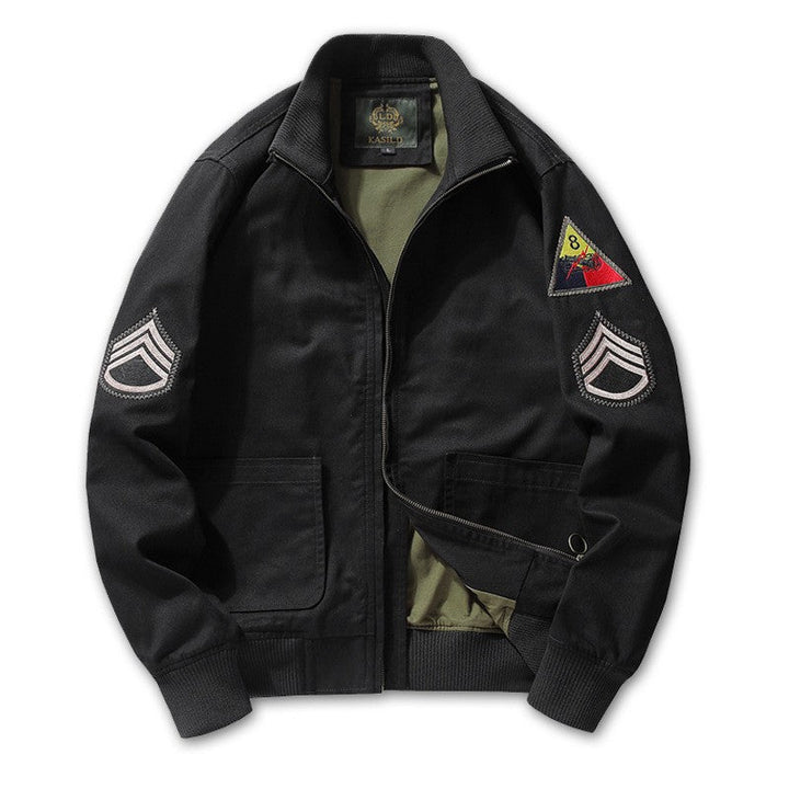 Men’s military-style bomber jacket with patches and a concealed zipper
