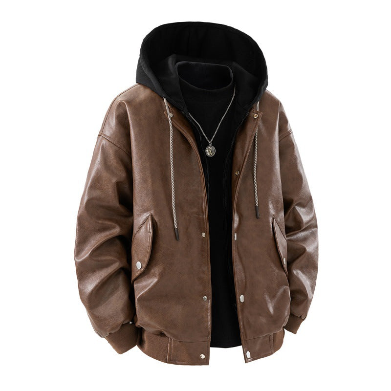 Men’s oversized bomber jacket with hood, snap-button placket, and pockets