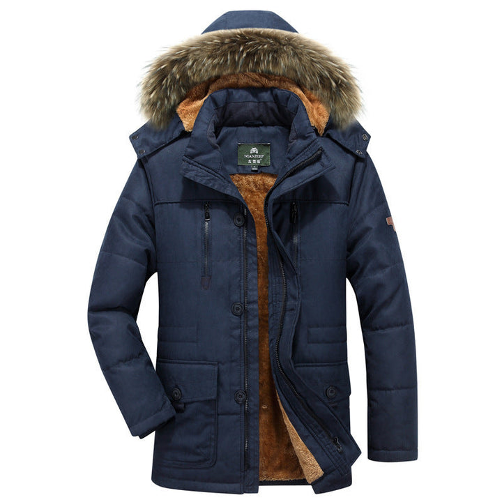 Men's winter parka with hood, buttons, and pockets