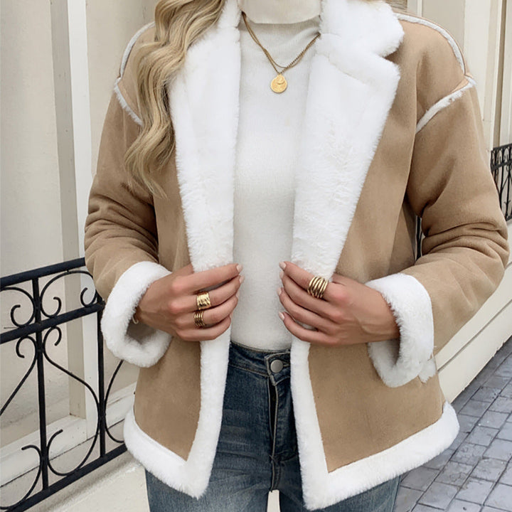 Women's teddy fleece jacket with a notched collar and practical pockets
