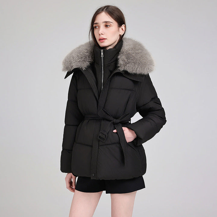 Women’s short quilted coat with detachable faux-fur collar and belt