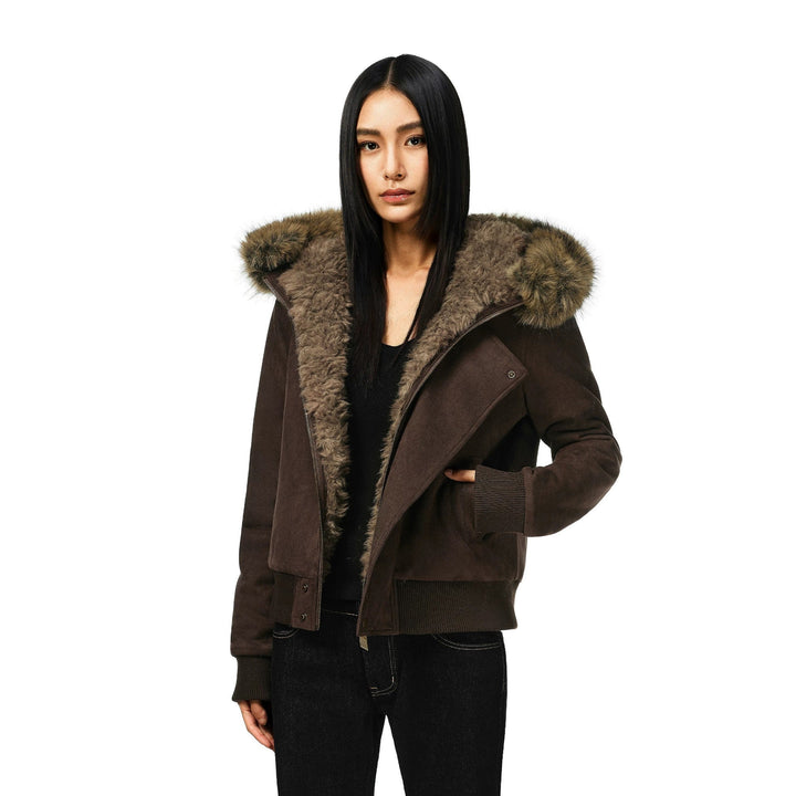 Women’s short bomber jacket with a voluminous hood and thumbhole cuffs
