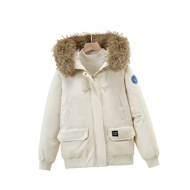 Women’s padded bomber jacket with detachable faux-fur hood and ribbed cuffs