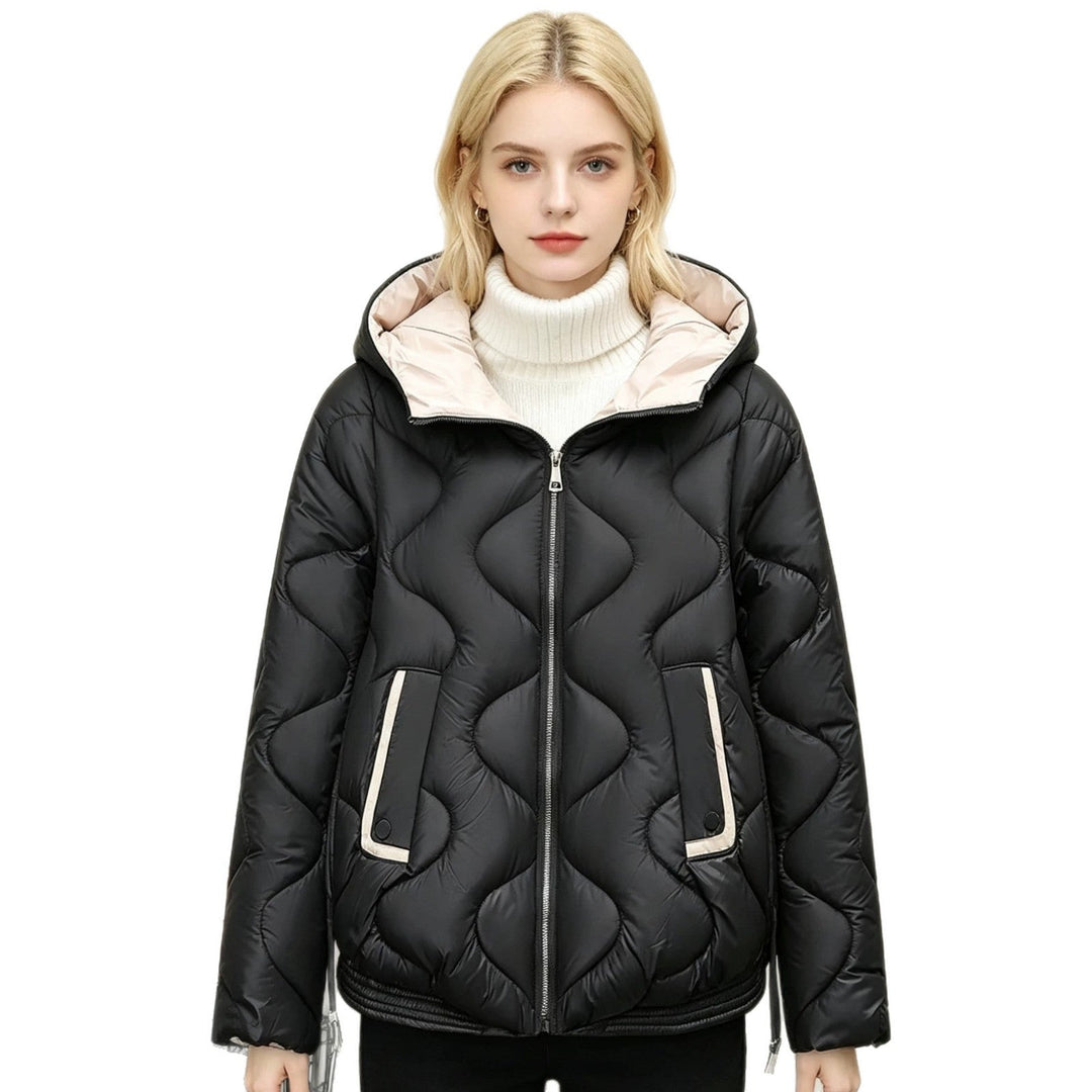 Women's padded short jacket with heart-shaped quilting, a rounded hem, and a hood