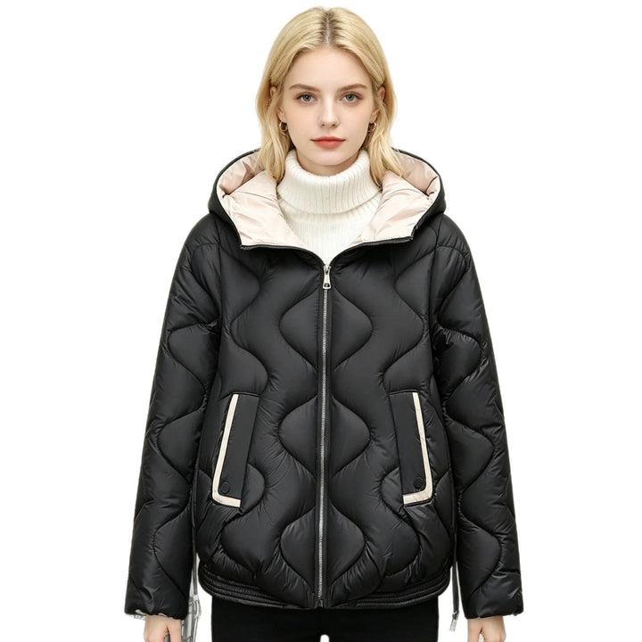 Women's padded short jacket with heart-shaped quilting, a rounded hem, and a hood