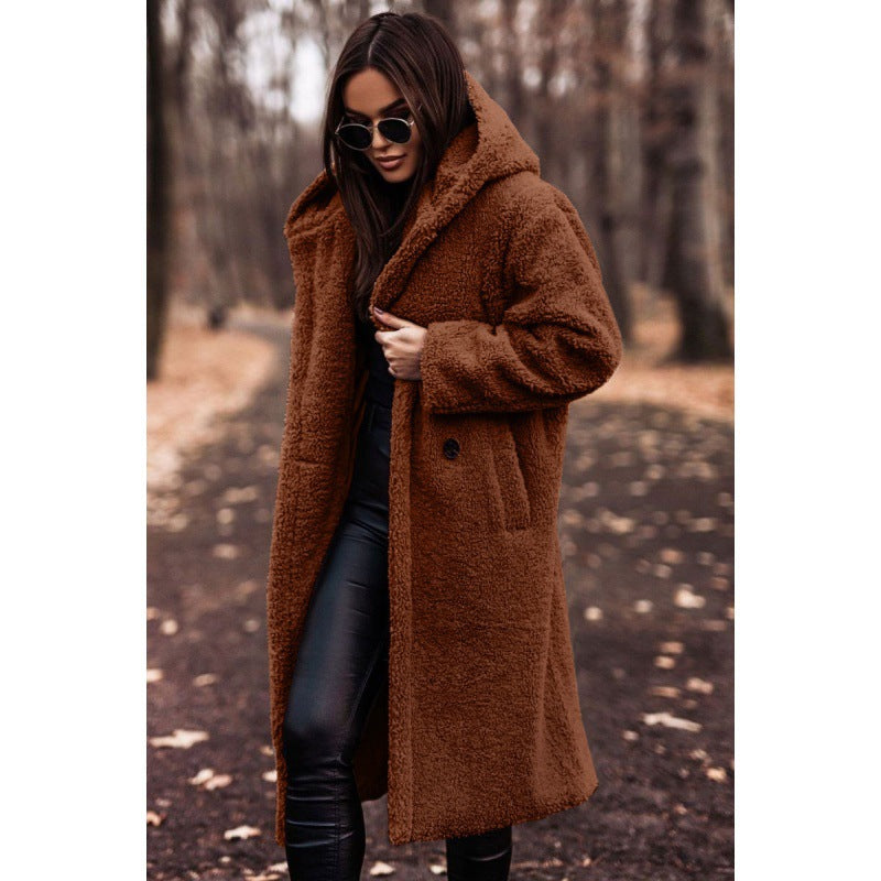 Women’s fluffy teddy coat with hood and buttons