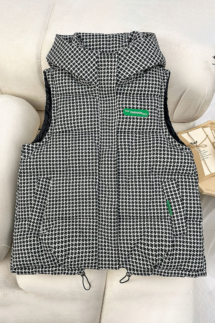 Women's quilted hooded vest with all-over logo print, padded insulation, and adjustable hem