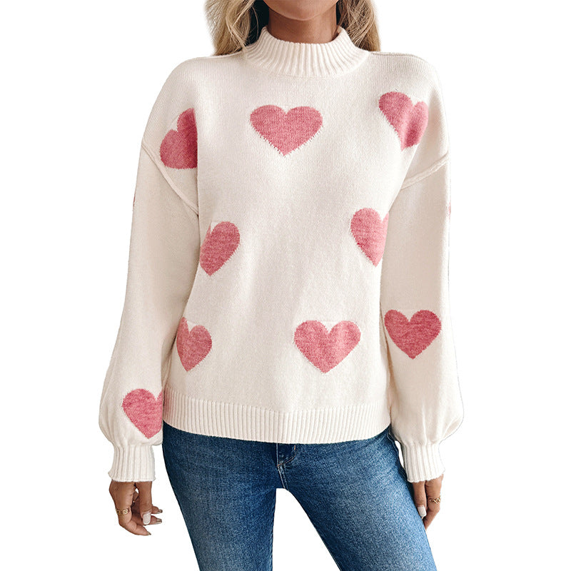 Women's sweater with heart intarsia and stand-up collar
