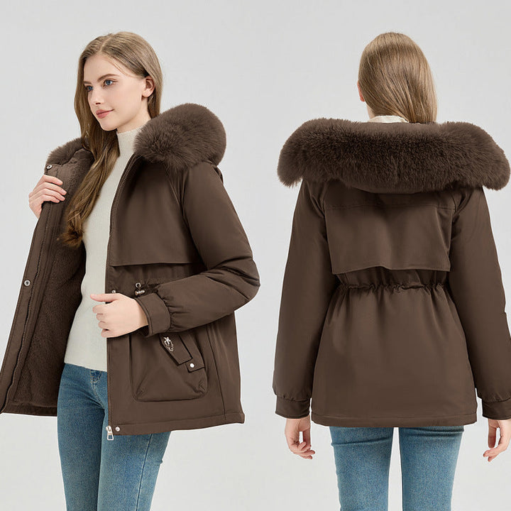 Women's short coat with faux-fur hood and drawstring waist